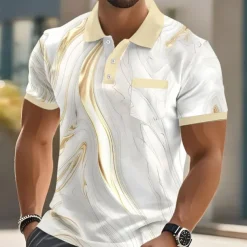 Men's Geometic Line Polo Short Sleeve Polo Shirts Collared Shirts Business Casual Outdoor Athleisure Daily Wear Pocket 3D Print Buttons Summer Pink Blue Gold