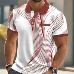 Men's Geometic Line Polo Short Sleeve Polo Shirts Collared Shirts Business Casual Outdoor Athleisure Daily Wear 3D Print Buttons Summer Black Red Blue