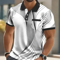 Men's Geometic Line Polo Short Sleeve Polo Shirts Collared Shirts Business Casual Outdoor Athleisure Daily Wear 3D Print Buttons Summer Black Red Blue