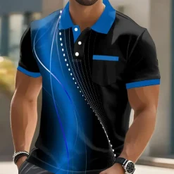 Men's Geometic Line Polo Short Sleeve Polo Shirts Collared Shirts Business Casual Outdoor Athleisure Daily Wear Pocket 3D Print Buttons Summer Lake blue Red Blue