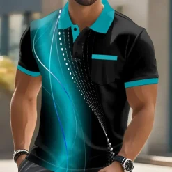 Men's Geometic Line Polo Short Sleeve Polo Shirts Collared Shirts Business Casual Outdoor Athleisure Daily Wear Pocket 3D Print Buttons Summer Lake blue Red Blue