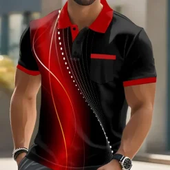 Men's Geometic Line Polo Short Sleeve Polo Shirts Collared Shirts Business Casual Outdoor Athleisure Daily Wear Pocket 3D Print Buttons Summer Lake blue Red Blue