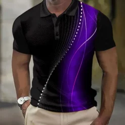 Men's Geometic Line Waffle Polo Shirts Short Sleeve Polo Shirts Collared Shirts Business Casual School Business Athleisure Buttons 3D Print Summer Red Blue Purple