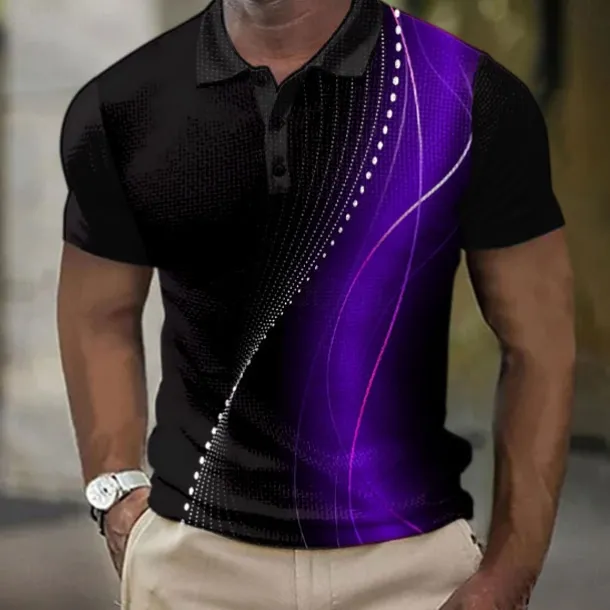 Men's Geometic Line Waffle Polo Shirts Short Sleeve Polo Shirts Collared Shirts Business Casual School Business Athleisure Buttons 3D Print Summer Red Blue Purple