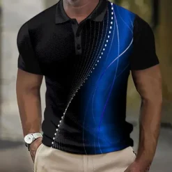 Men's Geometic Line Waffle Polo Shirts Short Sleeve Polo Shirts Collared Shirts Business Casual School Business Athleisure Buttons 3D Print Summer Red Blue Purple