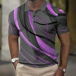 Men's Geometic Line Waffle Polo Shirts Short Sleeve Polo Shirts Collared Shirts Business Casual Outdoor Street Dailywear Athleisure Buttons 3D Print Summer Blue Purple Orange