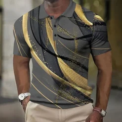 Men's Geometic Line Waffle Polo Shirts Short Sleeve Polo Shirts Collared Shirts Business Casual Outdoor Street Dailywear Athleisure Buttons 3D Print Summer Blue Purple Orange