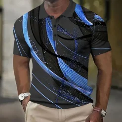 Men's Geometic Line Waffle Polo Shirts Short Sleeve Polo Shirts Collared Shirts Business Casual Outdoor Street Dailywear Athleisure Buttons 3D Print Summer Blue Purple Orange