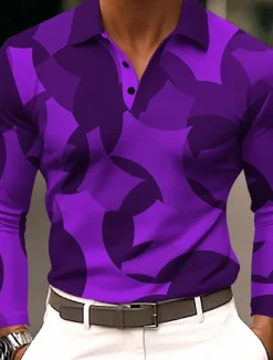 Men's Geometic Polo Long Sleeve Polo Shirts Lapel Casual Athleisure Daily Wear 3D Print Buttons Spring Fall Winter Blue Purple Orange