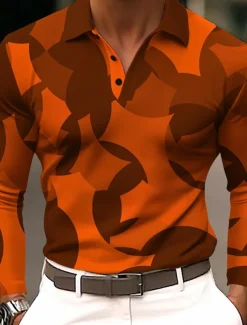 Men's Geometic Polo Long Sleeve Polo Shirts Lapel Casual Athleisure Daily Wear 3D Print Buttons Spring Fall Winter Blue Purple Orange