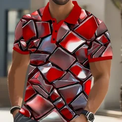 Men's Geometic Polo Short Sleeve Polo Shirts Collared Shirts Casual Outdoor Street Athleisure 3D Print Buttons Summer Red Blue Green