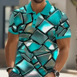 Men's Geometic Polo Short Sleeve Polo Shirts Collared Shirts Casual Outdoor Street Athleisure 3D Print Buttons Summer Red Blue Green