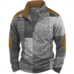 Men's Geometric Abstract Sweatshirt Casual Long Sleeve Stand Collar Vacation Streetwear Blue Purple Zipper Quarter Zip Fall Winter Designer