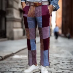 Men's Geometric Color Block Patchwork Dress Pants Trousers Suit Pants Mid Waist Vintage Outdoor Vacation Regular Fit Flat-Front Straight Leg Pants with Pockets Summer Spring Fall 3D Print Wine khaki