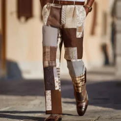 Men's Geometric Color Block Patchwork Dress Pants Trousers Suit Pants Mid Waist Vintage Outdoor Vacation Regular Fit Flat-Front Straight Leg Pants with Pockets Summer Spring Fall 3D Print Wine khaki