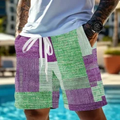 Men's Geometric Color Block Patchwork Waffle Shorts Sweat Shorts Casual Shorts Mid Waist Fashion Casual Vacation Jogging Workout Elastic Drawstring Waist Shorts with Pockets Designer Clothing Apparel