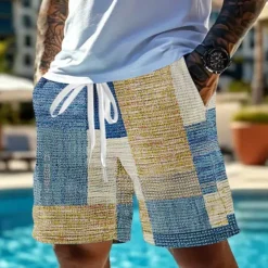 Men's Geometric Color Block Patchwork Waffle Shorts Sweat Shorts Casual Shorts Mid Waist Fashion Casual Vacation Jogging Workout Elastic Drawstring Waist Shorts with Pockets Designer Clothing Apparel