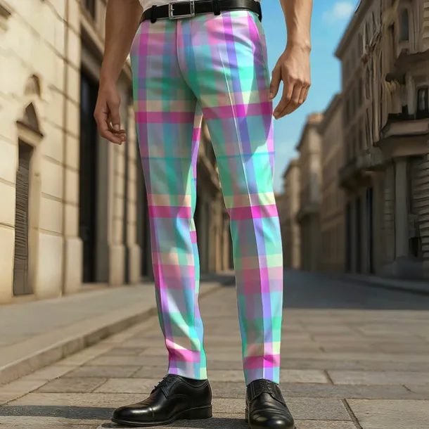 Men's Geometric Color Block Grid / Plaid Dress Pants Trousers Casual Pants Mid Waist Casual Vacation Party Daily Summer Spring Fall 3D Print Yellow Blue Green