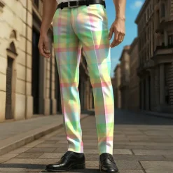 Men's Geometric Color Block Grid / Plaid Dress Pants Trousers Casual Pants Mid Waist Casual Vacation Party Daily Summer Spring Fall 3D Print Yellow Blue Green