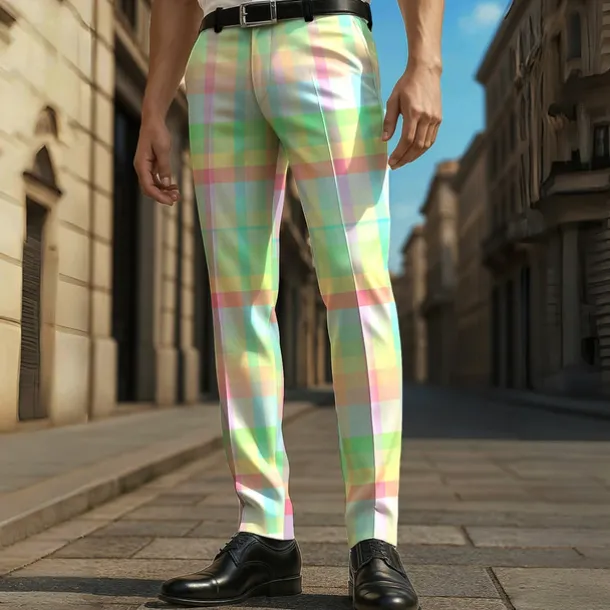 Men's Geometric Color Block Grid / Plaid Dress Pants Trousers Casual Pants Mid Waist Casual Vacation Party Daily Summer Spring Fall 3D Print Yellow Blue Green