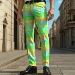 Men's Geometric Color Block Grid / Plaid Dress Pants Trousers Casual Pants Mid Waist Casual Vacation Party Daily Summer Spring Fall 3D Print Yellow Blue Green