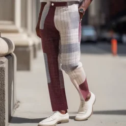Men's Geometric Color Block Patchwork Dress Pants Trousers Suit Pants Mid Waist Vintage Retro Outdoor Vacation Regular Fit Flat-Front Straight Leg Pants with Pockets Summer Spring Fall 3D Print Wine