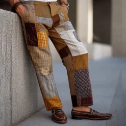Men's Geometric Color Block Patchwork Dress Pants Trousers Suit Pants Mid Waist Vintage Retro Outdoor Vacation Regular Fit Flat-Front Straight Leg Pants with Pockets Summer Spring Fall 3D Print Wine