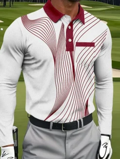 Men's Geometric Golf Polo Sports Polo Shirts Long Sleeve Polo Shirts Collared Shirts Sportswear Business Casual Athleisure Daily Wear Pocket 3D Print Buttons Spring Fall Black Red Blue