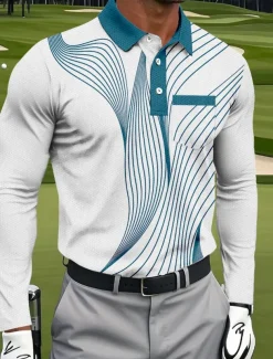 Men's Geometric Golf Polo Sports Polo Shirts Long Sleeve Polo Shirts Collared Shirts Sportswear Business Casual Athleisure Daily Wear Pocket 3D Print Buttons Spring Fall Black Red Blue