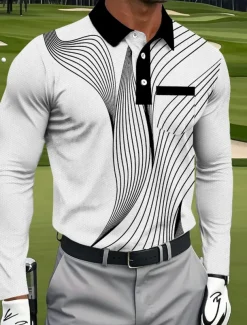 Men's Geometric Golf Polo Sports Polo Shirts Long Sleeve Polo Shirts Collared Shirts Sportswear Business Casual Athleisure Daily Wear Pocket 3D Print Buttons Spring Fall Black Red Blue