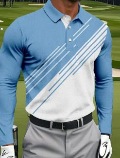 Men's Geometric Golf Polo Long Sleeve Polo Shirts Collared Shirts Sportswear Business Casual Athleisure Daily Wear Pocket 3D Print Buttons Spring Fall Black Red Navy Blue