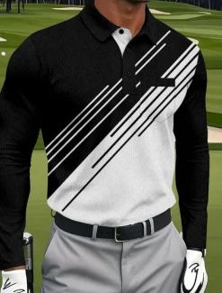 Men's Geometric Golf Polo Long Sleeve Polo Shirts Collared Shirts Sportswear Business Casual Athleisure Daily Wear Pocket 3D Print Buttons Spring Fall Black Red Navy Blue