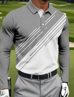 Men's Geometric Golf Polo Long Sleeve Polo Shirts Collared Shirts Sportswear Business Casual Athleisure Daily Wear Pocket 3D Print Buttons Spring Fall Black Red Navy Blue