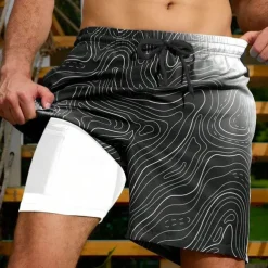 Men's Geometric Gradient Color Lined Shorts 2 in 1 Board Shorts Swim Shorts Mid Waist Hawaiian Vacation Holiday Beach Wear Side Pockets With Compression Liner Elastic Drawstring Waist Designer
