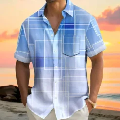 Men's Geometric Gradient Line Shirt Summer Shirt Button Up Shirt Short Sleeve Fashion Casual Outdoor Vacation Dailywear Summer Spring Turndown 3D Print Collared Shirts Front One Pocket Red Blue