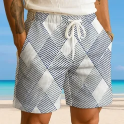 Men's Geometric Grid / Plaid Waffle Shorts Sweat Shorts Casual Shorts Mid Waist Fashion Casual Vacation Jogging Workout Elastic Drawstring Waist Shorts with Pockets Designer Clothing Apparel