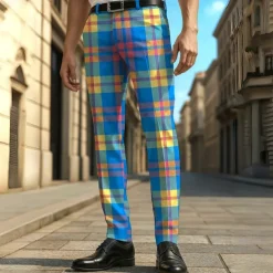 Men's Geometric Grid / Plaid Dress Pants Trousers Casual Pants Mid Waist Casual Formal Vacation Daily Summer Spring Fall 3D Print Blue Dark Green Green