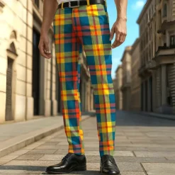 Men's Geometric Grid / Plaid Dress Pants Trousers Casual Pants Mid Waist Casual Formal Vacation Daily Summer Spring Fall 3D Print Blue Dark Green Green