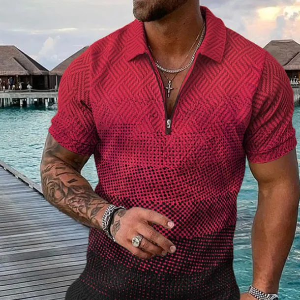 Men's Geometric Hawaiian Polo Shirts Golf Shirt Short Sleeve Polo Shirts Collared Shirts Casual Beach Wear Vacation Wear Party Outfits 3D Print Quarter Zip Polo Yellow Pink Blue