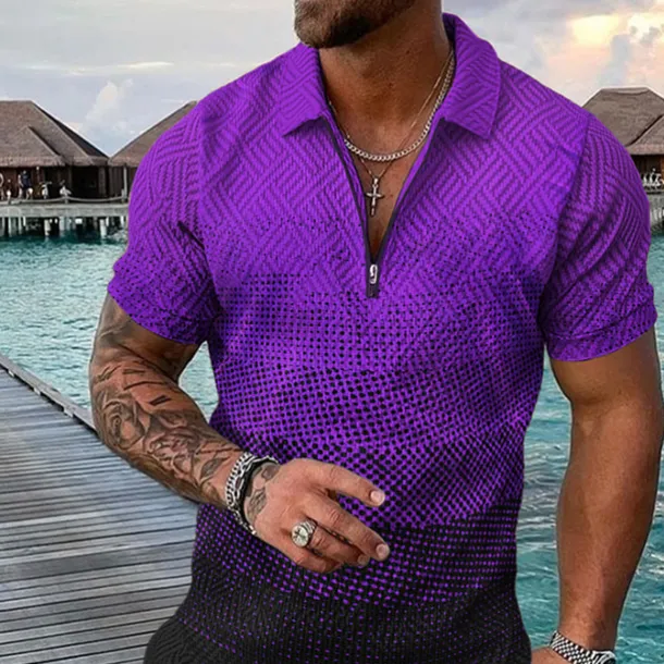 Men's Geometric Hawaiian Polo Shirts Golf Shirt Short Sleeve Polo Shirts Collared Shirts Casual Beach Wear Vacation Wear Party Outfits 3D Print Quarter Zip Polo Yellow Pink Blue