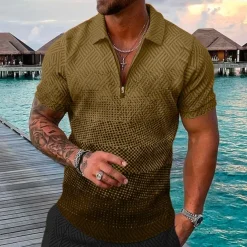 Men's Geometric Hawaiian Polo Shirts Golf Shirt Short Sleeve Polo Shirts Collared Shirts Casual Beach Wear Vacation Wear Party Outfits 3D Print Quarter Zip Polo Yellow Pink Blue
