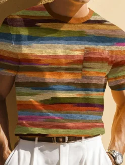Men's Geometric Horizontal Stripes Waffle Shirt Short Sleeve T shirt Print Crew Neck Shirt Fashion Daily Designer Street Casual Daily Blue Brown Green Summer Spring Clothing Apparel S M L XL XXL XXXL