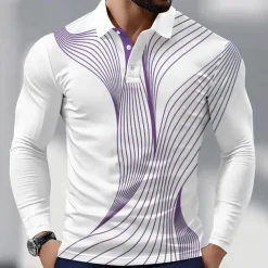 Men's Geometric Line Polo Long Sleeve Polo Shirts Collared Shirts Business Casual Athleisure Daily Wear 3D Print Spring Fall Blue Purple Green