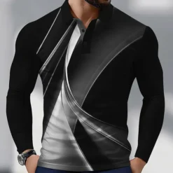 Men's Geometric Line Polo Long Sleeve Polo Shirts Collared Shirts Business Casual Athleisure Daily Wear 3D Print Spring Fall White Blue Green