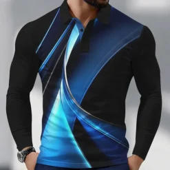 Men's Geometric Line Polo Long Sleeve Polo Shirts Collared Shirts Business Casual Athleisure Daily Wear 3D Print Spring Fall White Blue Green