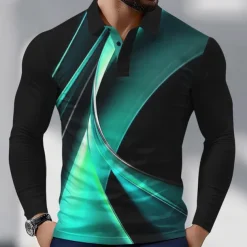 Men's Geometric Line Polo Long Sleeve Polo Shirts Collared Shirts Business Casual Athleisure Daily Wear 3D Print Spring Fall White Blue Green