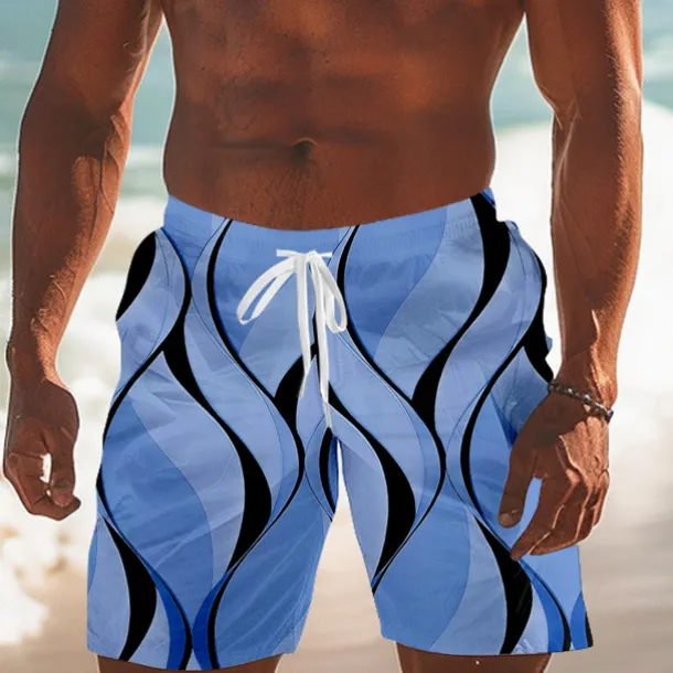Men's Geometric Line Swim Trunks Swim Shorts Board Shorts Mid Waist Streetwear Hawaiian Vacation Drawstring Mesh Lining Elastic Waist Designer Clothing Apparel