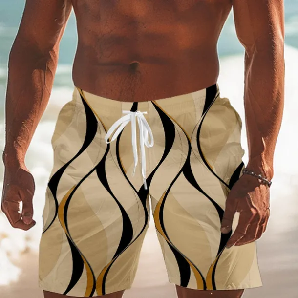 Men's Geometric Line Swim Trunks Swim Shorts Board Shorts Mid Waist Streetwear Hawaiian Vacation Drawstring Mesh Lining Elastic Waist Designer Clothing Apparel