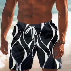 Men's Geometric Line Swim Trunks Swim Shorts Board Shorts Mid Waist Streetwear Hawaiian Vacation Drawstring Mesh Lining Elastic Waist Designer Clothing Apparel