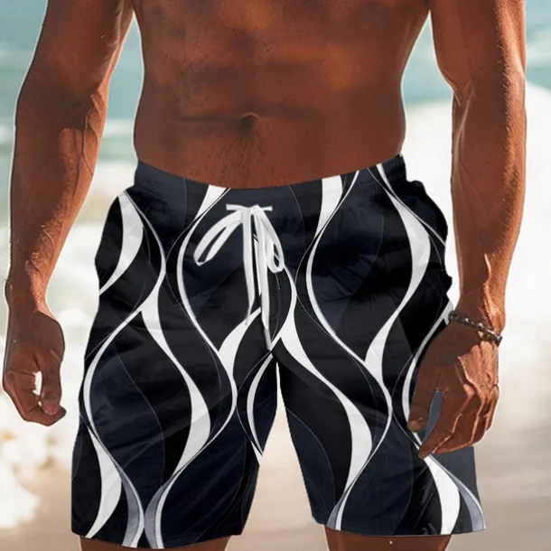 Men's Geometric Line Swim Trunks Swim Shorts Board Shorts Mid Waist Streetwear Hawaiian Vacation Drawstring Mesh Lining Elastic Waist Designer Clothing Apparel